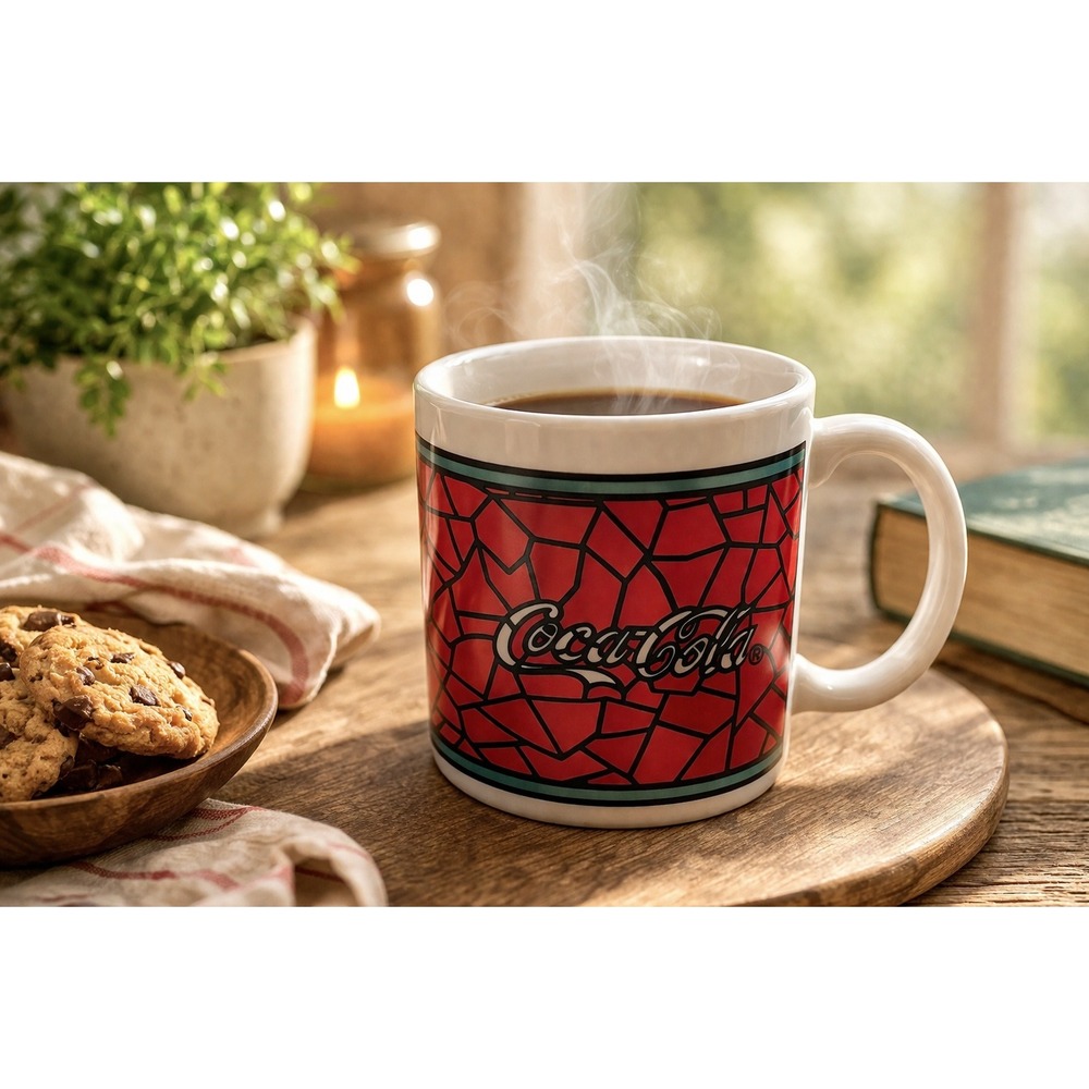 Vintage‎ 1996 Coca-Cola Gibson Stained Glass Mosaic Ceramic Coffee Mug Red White
